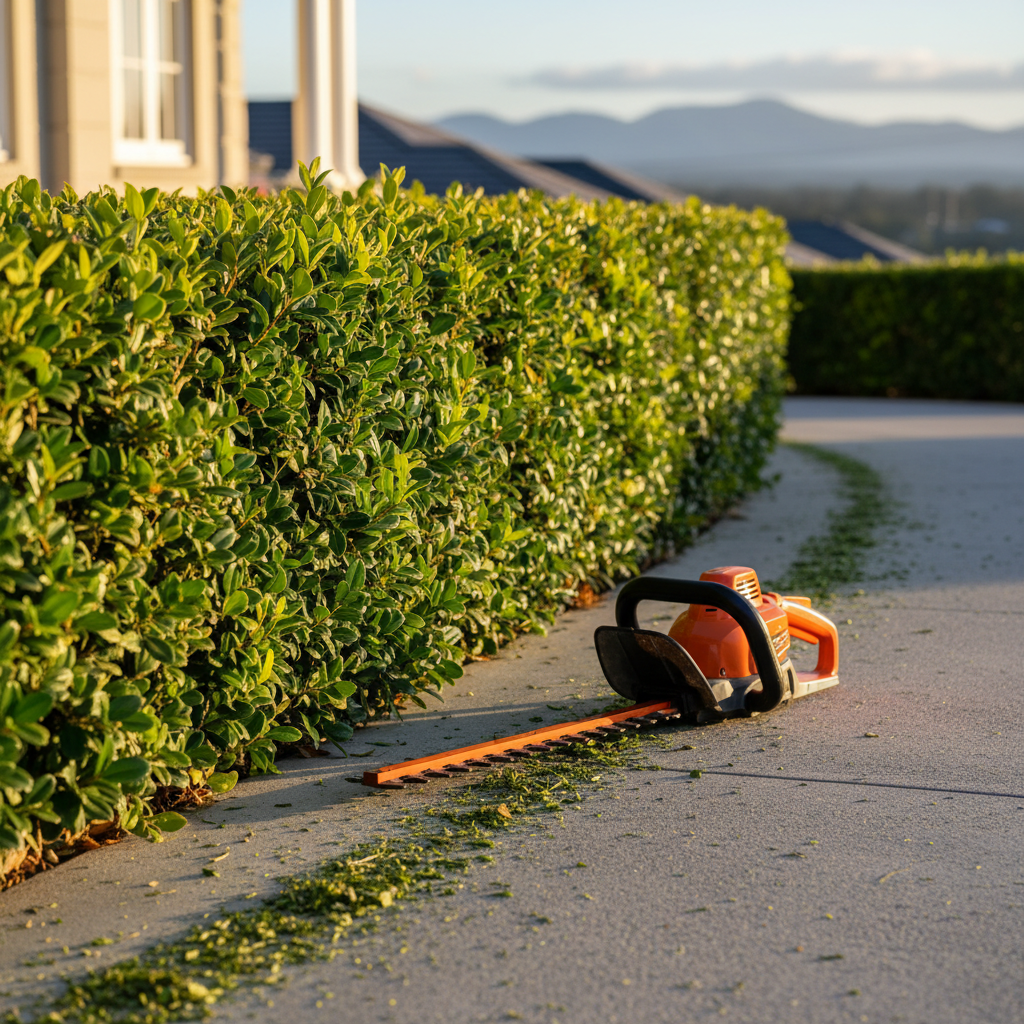 A close-up view of a perfectly trimmed hedge of glossy green shrubs lining a tidy Hobart driveway, each leaf sharp and healthy. A bright, well-maintained hedge trimmer lies on the ground beside the hedge, its orange and black housing clean and professional-looking. Fallen clippings form a narrow, playful green stripe along the concrete, hinting at recent work. The scene is set in soft golden hour light, casting warm highlights on the hedge tops and subtle shadows along the driveway. Photographic realism, composed using the rule of thirds, with shallow depth of field so the background home and distant Tasmanian hills blur into a gentle bokeh, creating an energetic yet orderly atmosphere.
